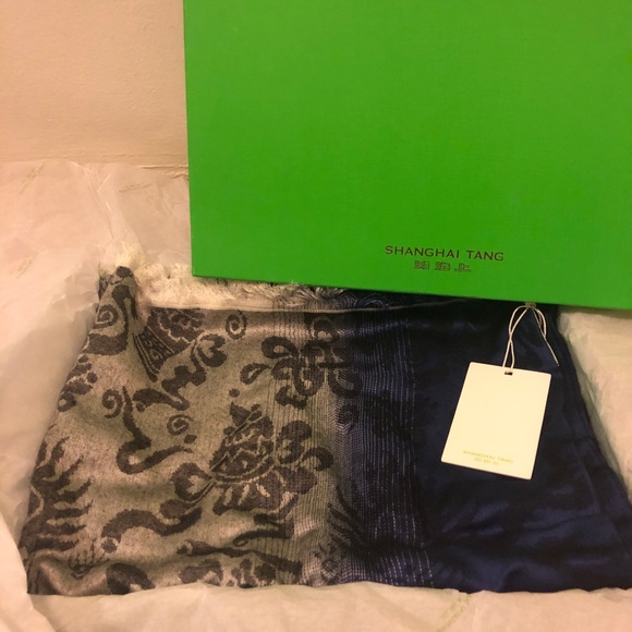 Shanghai Tang Navy Printed Cashmere/Silk Scarf